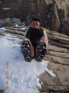 Zion National Park - Angels Landing hike - summit - Adam wearing crampons
