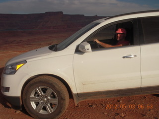 54 7x3. Harrah Pass drive - Adam in Chevrolet Transverse rental car (tripod)