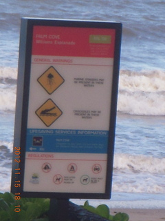 bus ride along the coast - jellyfish 'stingers' and crocodiles warning sign