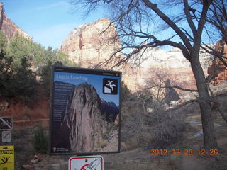Zion National Park - Angels Landing danger sign with Angels Landing in the background