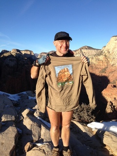 249 8gt. Zion National Park - Angels Landing hike - at the top - Adam and Angels Landing shirt