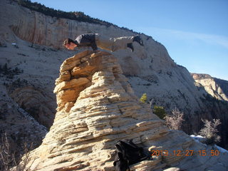 Zion National Park - Angels Landing hike - at the top - Brian balanced on a hill