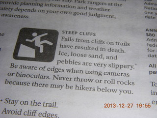 Zion National Park - Angels Landing hike - warning in newsletter