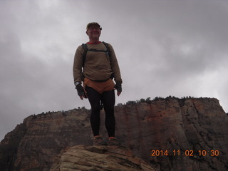 80 8t2. Zion National Park Angels Landing hike - Adam at the top of a rock pile