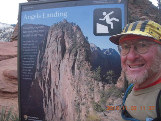 Zion National Park Angels Landing hike - scary sign and Adam