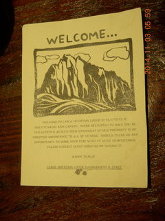 1 8t3. Zion National Park - Cable Mountain Lodge welcome card