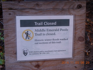 Zion National Park - Emerald Ponds hike - closed trail explanation sign