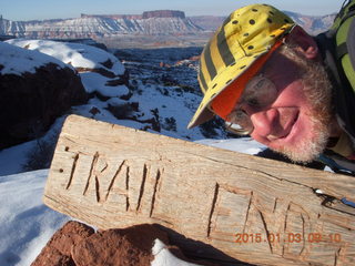 Fisher Towers hike - Adam and Trail End sign