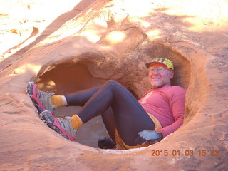 135 8v3. Arches National Park - Devils Garden hike - Adam in hole in the rock - tripod and timer