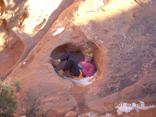 Arches National Park - Devils Garden hike - Adam in hole in the rock