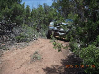 drive to Calamity Mine - very tough side road - truck driving a tight curve