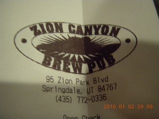 Zion Canyon Brew Pub receipt