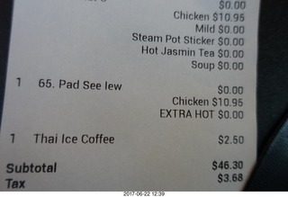 Thai restaurant ticket with Noah's EXTRA HOT