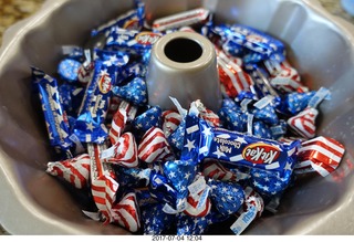 red, white, and blue candies with a fake bug