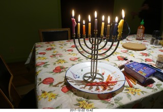 eight lit candles in menorah