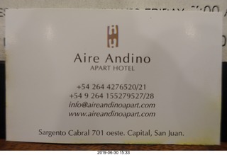 Argentina - San Juan - our hotel- card