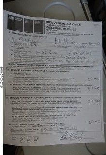 Chile - flight San Juan to Santiago - immigration form