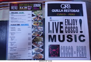Peru - Cusco square - Quillo Restobar - menu