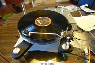 69 a0g. Trasncriptor Skeleton turntable and Vestigal tonearm playing a record