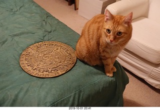 674 a0j. my cat Max and my bronze Aztec calendar