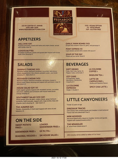 Peekaboo Canyon Wood Fired Kitchen restaurant (vegetarian without warning) menu back