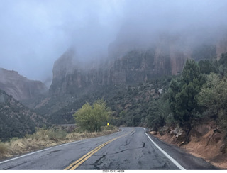 Zion National Park in the rain and fog