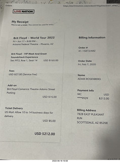 64 a1g. LiveNation receipt for brit floyd