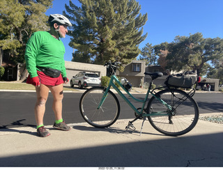 Adam dressed for biking in red-green Christmas colors