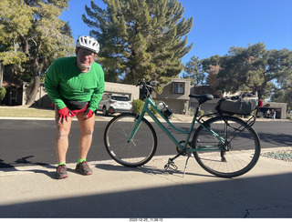 Adam dressed for bicycling in red and green for Christmas