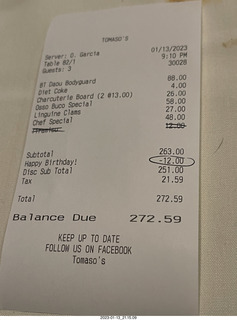 780 a1p. Tomaso's Italian Restaurant - the bill with no charge for birthday dessert