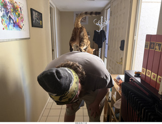 Noah and cat Pickle on his shoulders