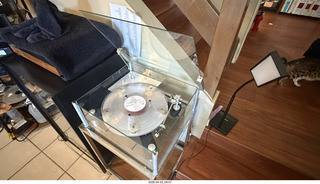 2 a2u. Transcriptor Skeleton turntable and Vestigal tonearm with clear vinyl record