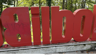 22 a2y. Spain - Bilbao - walking tour - city viewpoint - big red city-name letters