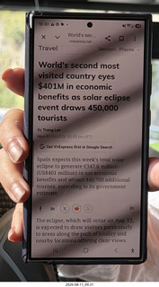 130 a2y. Spain - cell phone 'World's most visited country eyes $401M in economic benefits...eclipse...450000 tourists'