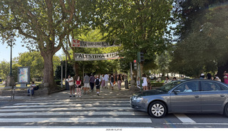 69 a2y. Spain - Santiago de Compostela - walking tour - free Palestine political sign